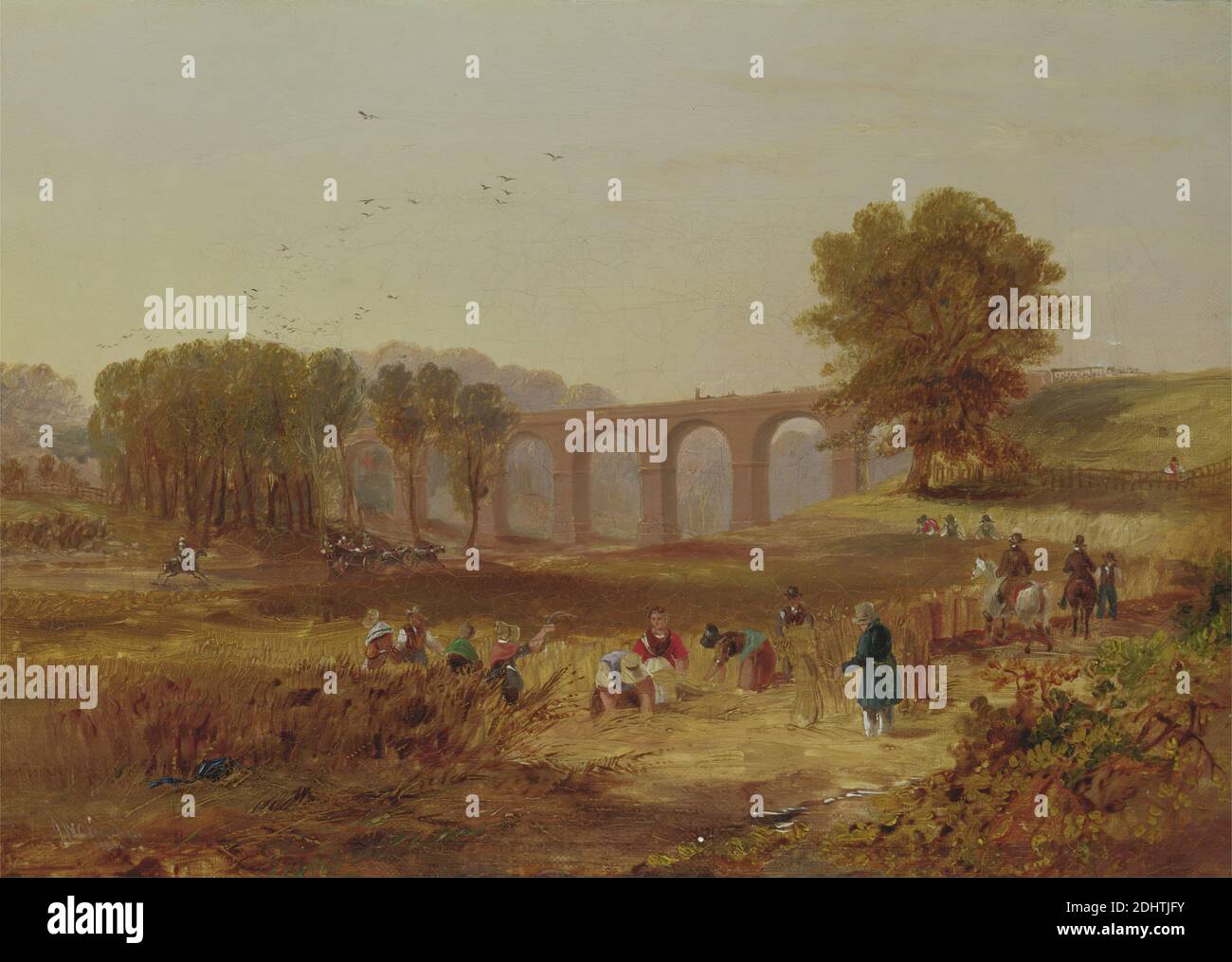Corby Viaduct, the Newcastle and Carlisle Railway, John Wilson Carmichael, 1799–1868, British, 1836, Oil on canvas, Support (PTG): 8 x 12 inches (20.3 x 30.5 cm), apron (main garment), arches, architecture, bonnets, cape, corn, equestrians, farming, farmland, fields (agricultural land), genre subject, horses (animals), laborers, landscape, poke bonnet, railroad, railway, road, tracks, train, viaduct, workers, Cumbria, England, United Kingdom, Wetheral Stock Photo