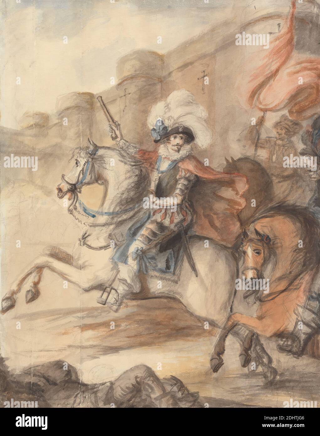 A Cavalry Officer (Henry IV) Leading a Charge Outside a Castle, Henry William Bunbury, 1750–1811, British, undated, Watercolor, graphite and black chalk on moderately thick, moderately textured, cream, laid paper, Sheet: 20 × 15 13/16 inches (50.8 × 40.2 cm), animal art, armor, attacking, battle, boots, breeches, bridles, castle, cavalry, cloak, flags, gun (small arm), hats, horses (animals), medal, men, military art, officer (military officer), play, ramparts, rearing (horse), ribbons, saddle blanket, slashing, soldiers, spurs, stirrups, sword, war Stock Photo