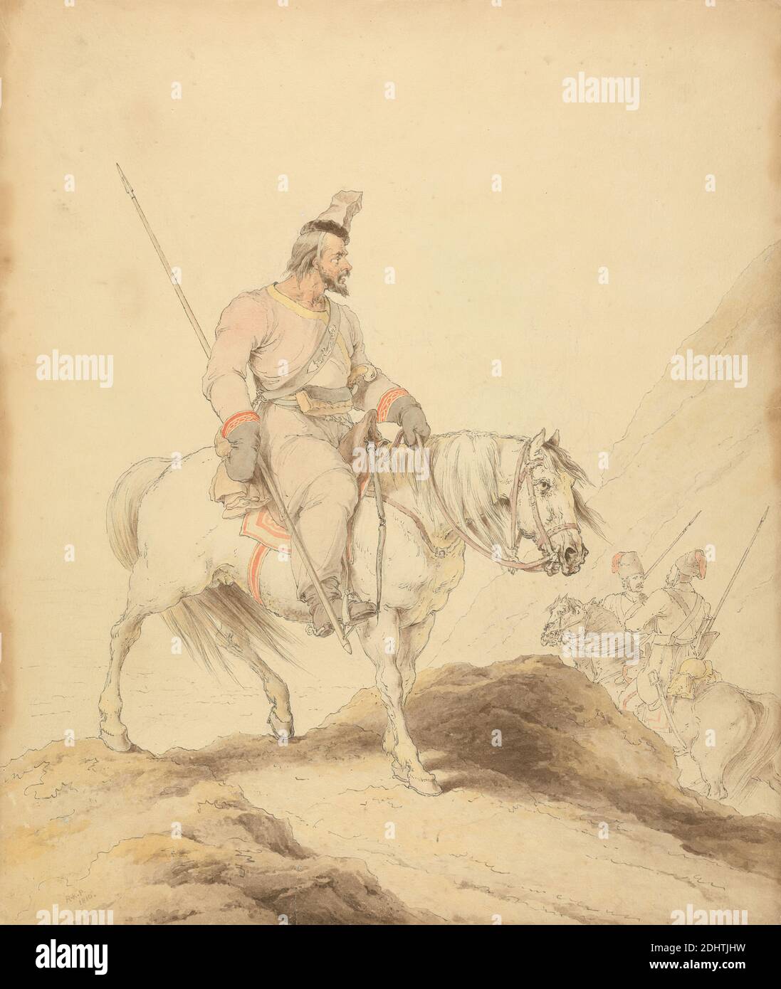 An Uralsky Cossack, Sir Robert Kerr Porter, 1777–1842, British, 1810, Watercolor and pen and black ink over graphite on medium, slightly textured, cream wove paper, Sheet: 17 1/4 × 14 5/8 inches (43.8 × 37.1 cm), horses (animals), military art, soldiers, uniforms Stock Photo