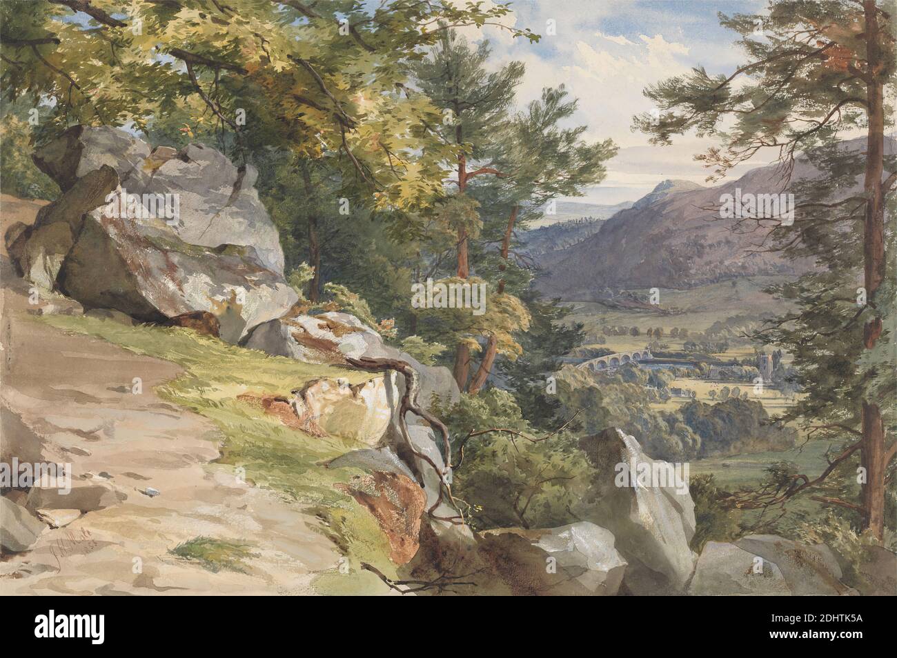 View from Craig-y-Barns, Dunkeld, Looking South, John Henry Mole, 1814–1886, British, 1855, Watercolor and white gouache over graphite on thick, slightly textured, cream wove paper, Sheet: 14 1/16 x 21 1/8 inches (35.7 x 53.7 cm), birch trees, bridge (built work), city, cliffs, clouds, grass, landscape, mountains, path, pine trees, rocks (landforms), roots, sunlight, trees, trunks, valley, Craig-y-barns, Dunkeld, Perth and Kinross, Scotland, United Kingdom Stock Photo