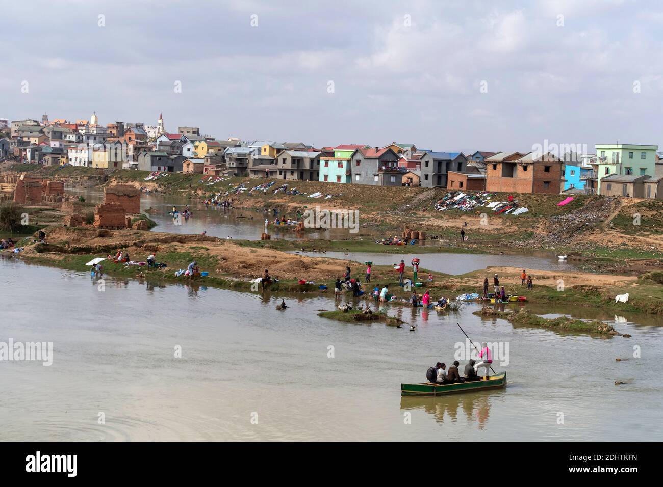 Washing clothes and transporting goods in Tananarivo, the capital of Madagascar. Stock Photo