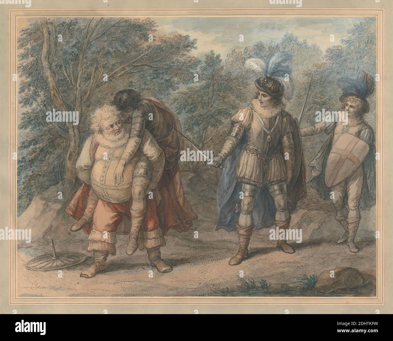 Falstaff Carrying Dead Hotspur, Henry William Bunbury, 1750–1811, British, undated, Watercolor, pen and black ink, gray ink, gouache, and gum arabic on medium, slightly textured, beige wove paper mounted on thick, moderately textured, beige laid paper, Mount: 16 3/8 x 20 1/4 inches (41.6 x 51.4 cm), Contemporary drawn border: 15 15/16 x 19 15/16 inches (40.5 x 50.7 cm), and Sheet: 13 7/8 x 17 13/16 inches (35.2 x 45.3 cm), armour, battle, boots, breeches, capes, carrying, dead, dying, hats, Henry IV Part I, Act V, Scene IV, Henry IV, part I by William Shakespeare, literary theme, men, obese Stock Photo