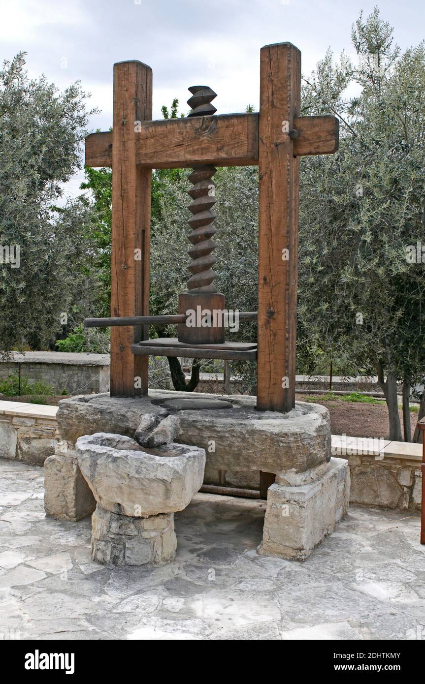 The traditional wooden Olive Press in the village of Amargeti Paphos, Cyprus. Stock Photo