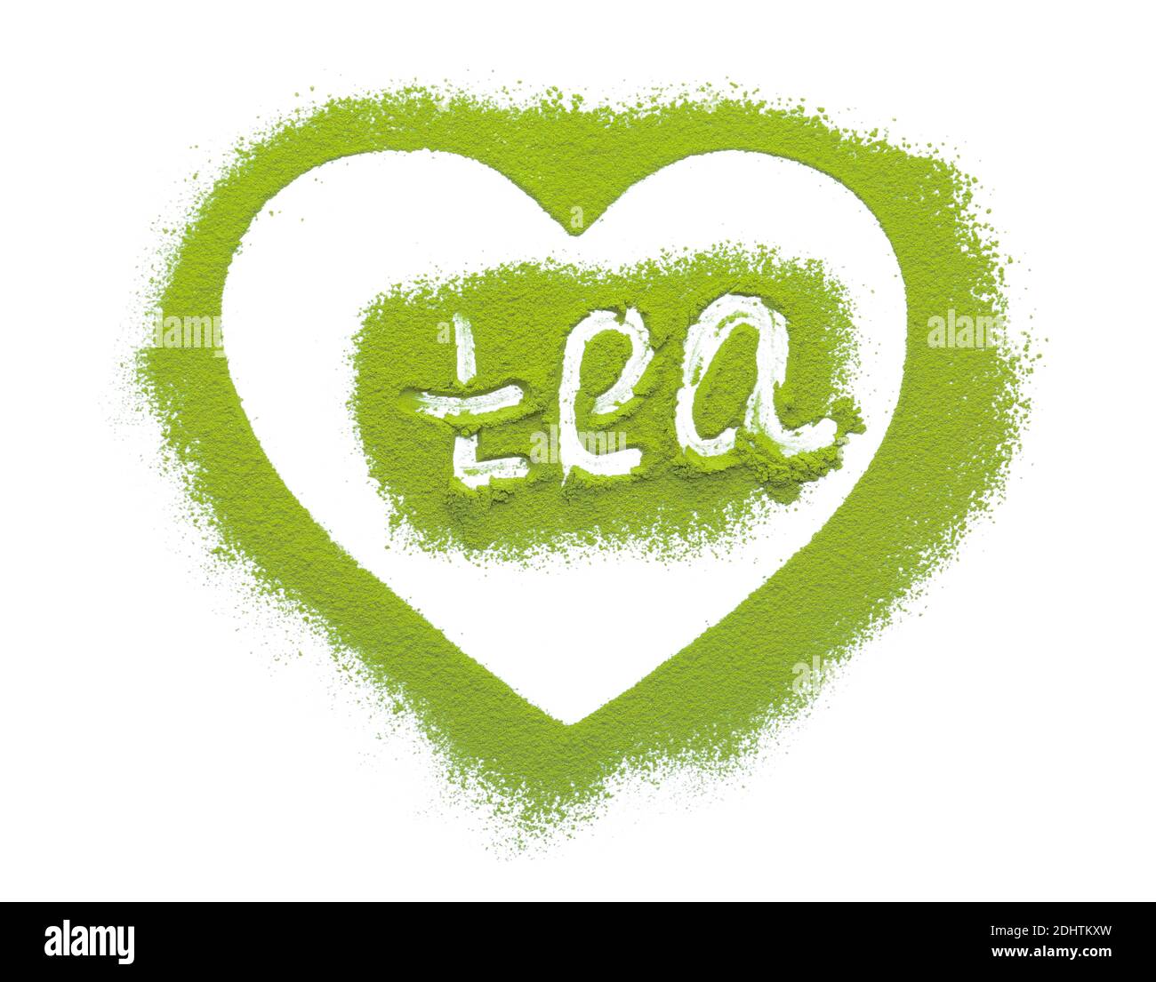 Powdered matcha in heart shape and word TEA on white background Stock ...