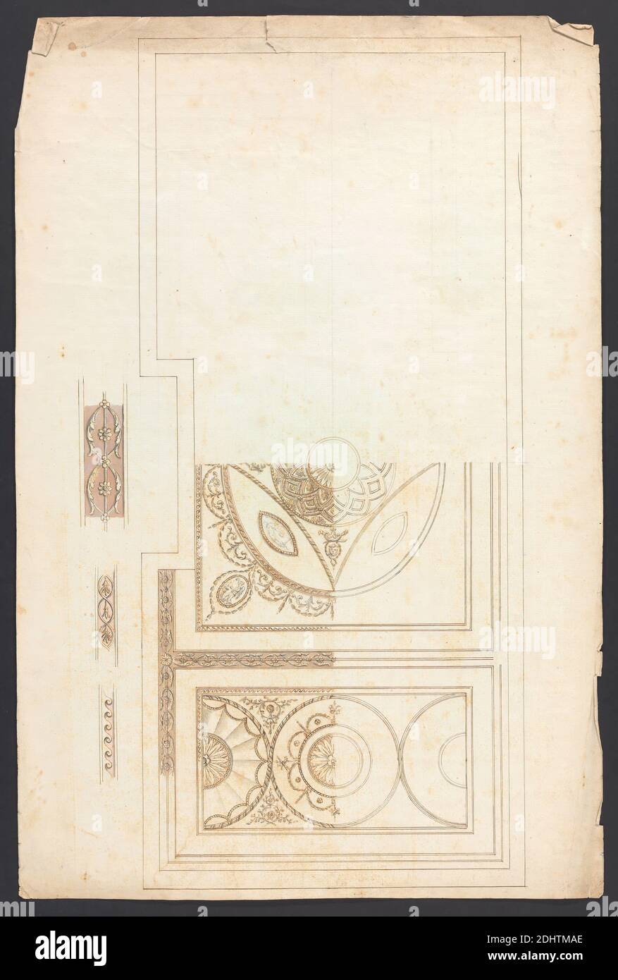 Cobham Hall, Kent: Ceiling Decoration, James Wyatt, 1746–1813, British, ca. 1790, Graphite, pen and brown ink and watercolor on moderately thick, moderately textured, cream laid paper, Sheet: 13 11/16 × 20 9/16 inches (34.8 × 52.2 cm), architectural subject, ceilings, designs, festoons, Neoclassical, roundels, Cobham, Cobham Hall, England, Kent, United Kingdom Stock Photo