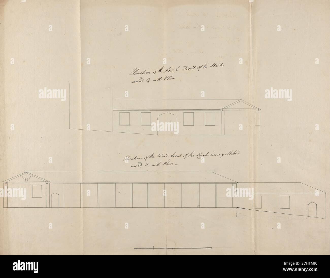 Cobham Hall, Kent: Elevations of Stables, James Wyatt, 1746–1813, British, 1790, Graphite, pen and black ink on moderately thick, moderately textured, beige laid paper, Sheet: 20 3/4 x 25 1/4 inches (52.7 x 64.1 cm), architectural subject, coach, horse barns, plans (drawings), pointed arches, stables, windows, Cobham, Cobham Hall, England, Kent, United Kingdom Stock Photo