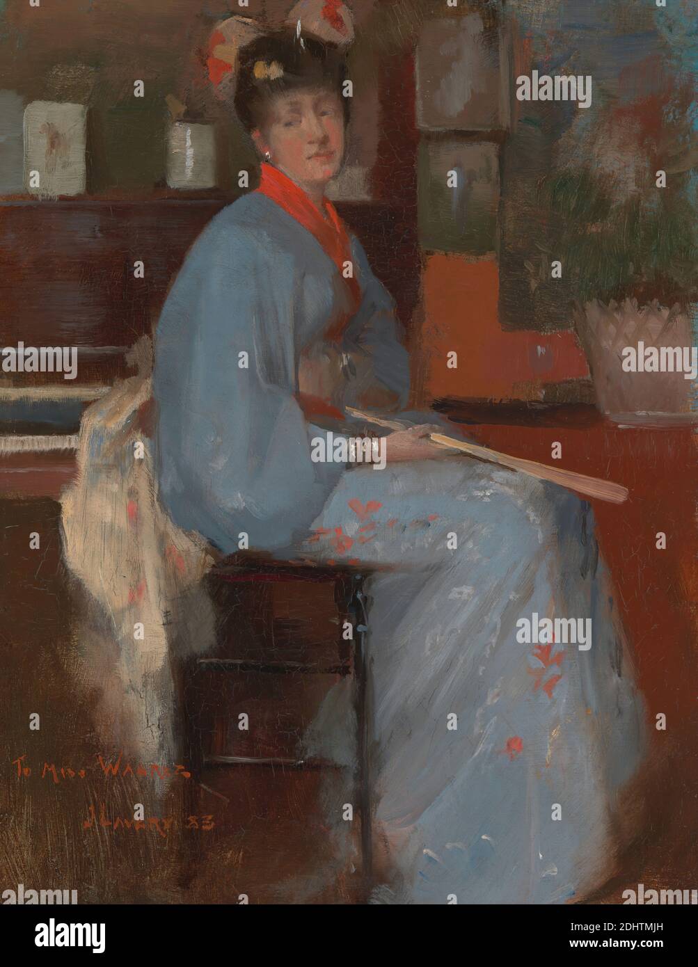 Woman in Japanese Dress, Sir John Lavery, 1856–1941, Irish, 1883, Oil on panel, Support (PTG): 11 × 8 3/8 inches (27.9 × 21.3 cm), basket, brushstrokes, costume, fan, figure study, furniture, hairpiece, Japanese, Japonism, kimono, music, piano, portrait, shawls, woman Stock Photo