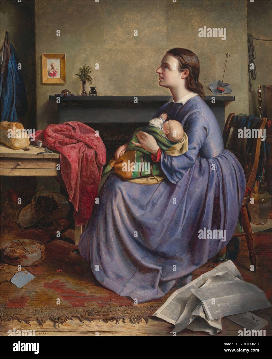Lord, Thy Will Be Done', Philip Hermogenes Calderon, 1833–1898, British, 1855, Oil on canvas, Support (PTG): 10 1/8 × 18 1/4 inches (25.7 × 46.4 cm), baby, blue, bread, chair, children, Crimean War (Oct 1853 - Feb 1856), fireplace, food, gaze, genre subject, letter, mother, newspaper, painting (visual work), portrait, poverty, scissors, seamstress, shell, soldier, table Stock Photo