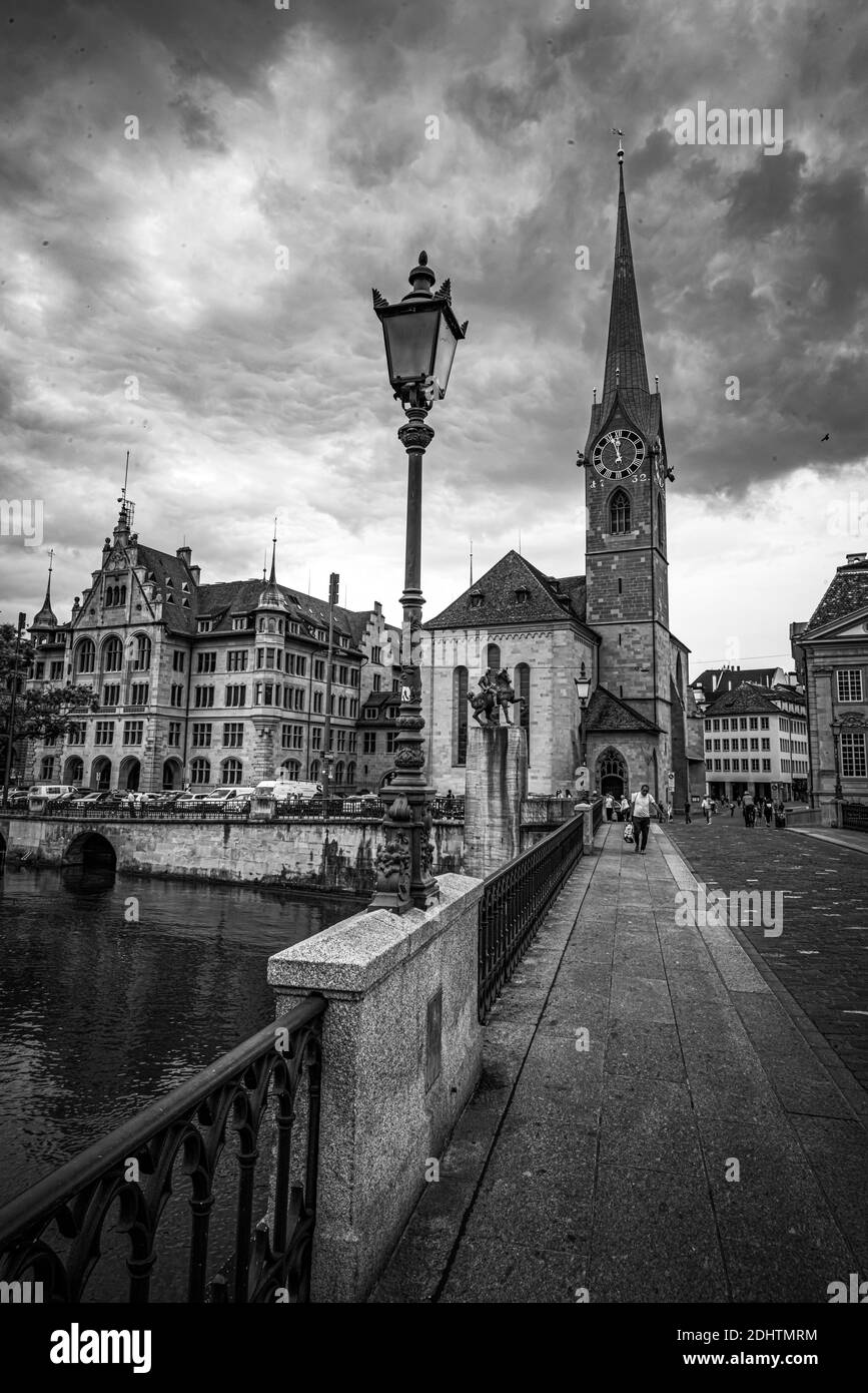 Street view in the city of Zurich Switzerland- ZURICH, SWITZERLAND - JULY 15, 2020 Stock Photo