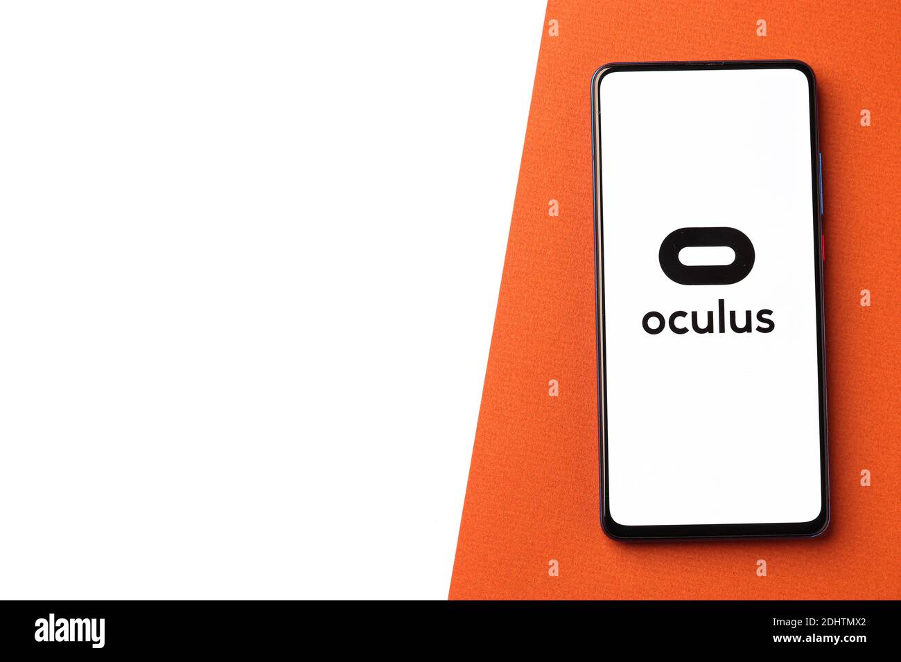 Assam, india - December 20, 2020 : Oculus logo on phone screen stock image. Stock Photo