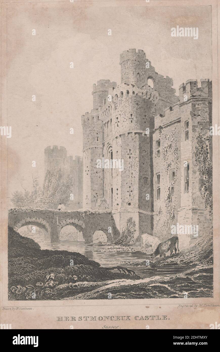 Herstmonceux Castle, Sussex, William Tombleson, ca.1795–1835, British, after Henry Gastineau, 1791–1876, British, undated, Engraving, (verso) graphite on smooth, medium, cream wove paper, Sheet: 5 3/4 × 3 7/8 inches (14.6 × 9.8 cm), architectural subject, castle, East Sussex, England, Europe, Herstmonceux, United Kingdom Stock Photo
