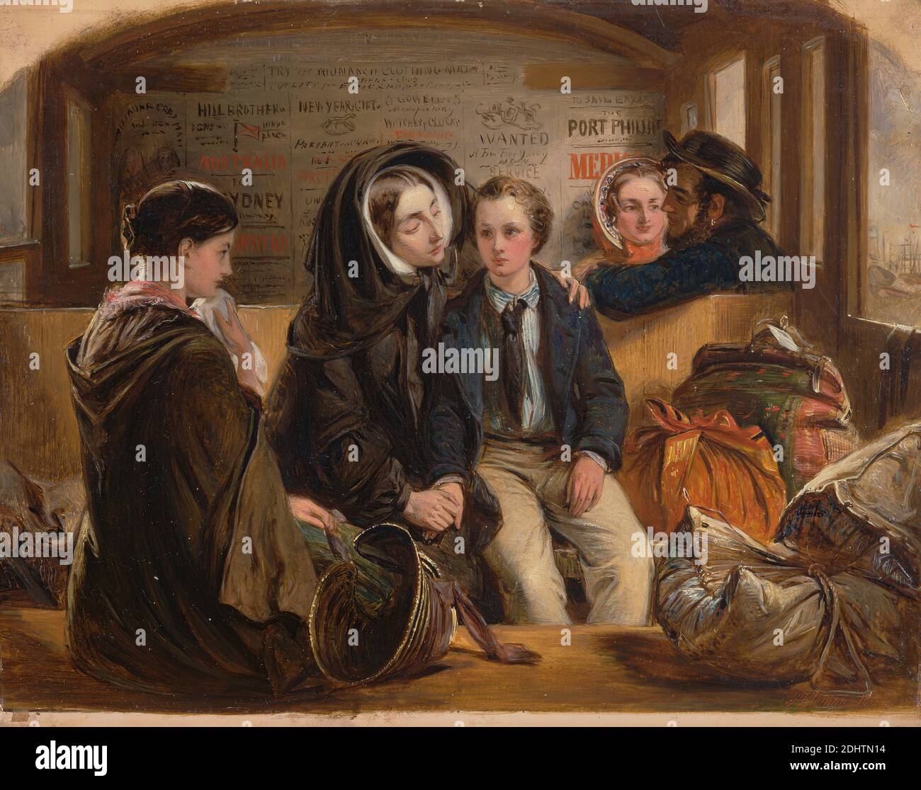 Second Class—The Parting. 'Thus part we rich in sorrow, parting poor.', Abraham Solomon, 1824–1862, British, 1855, Oil on panel, Support (PTG): 8 x 10 inches (20.3 x 25.4 cm), advertisements, baby, bags, benches, bonnet, capote, children, conversation piece, couple, cravat, family, genre subject, hat, headcloth (headgear), luggage, mother, seamen, separation, son, sorrow, train, transportation, travel, trousers, window, woman Stock Photo