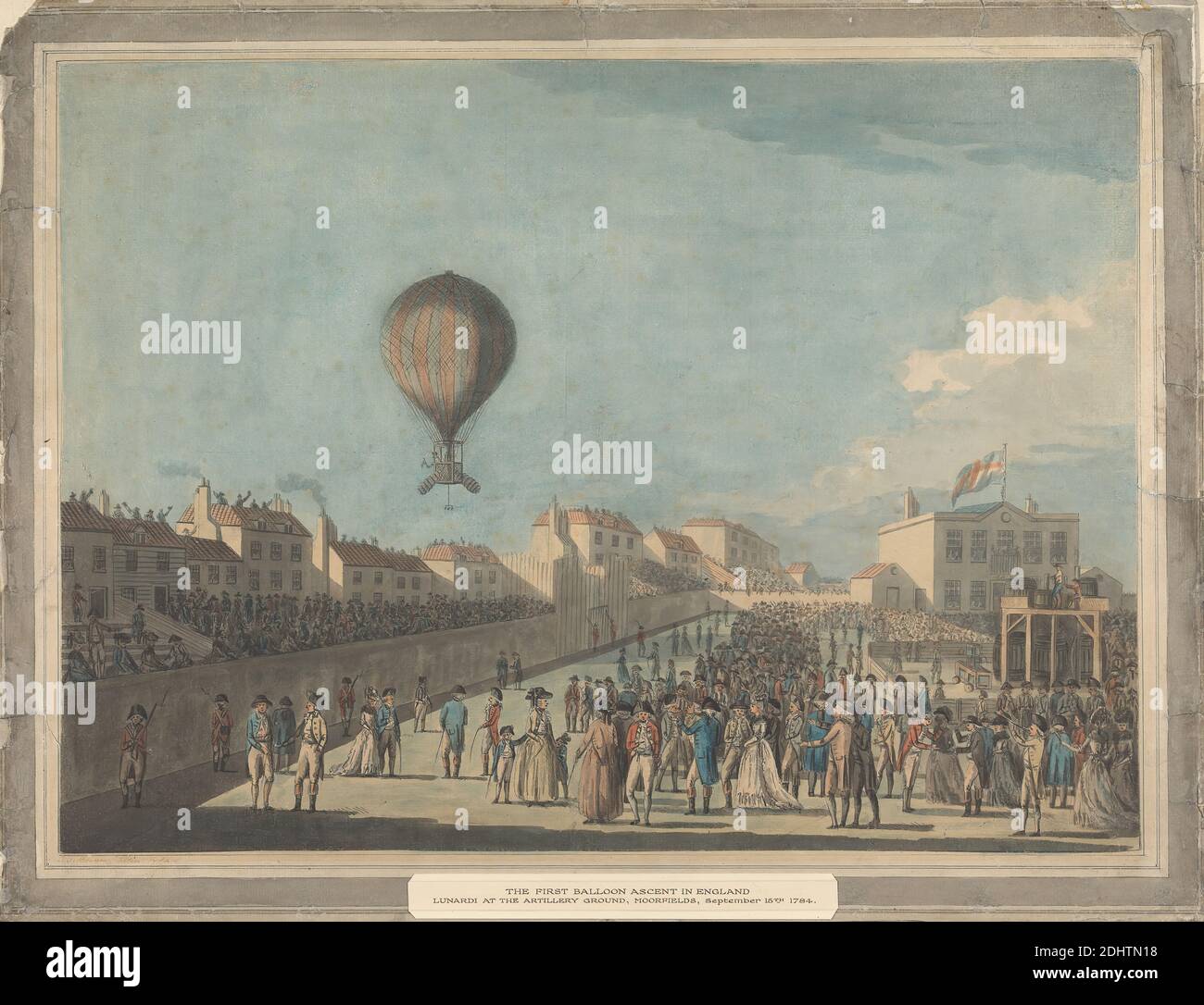The First Balloon Ascent in England, September 1784, from the Artillery Ground, Moorfields, Francis Jukes, 1747–1812, British, after unknown artist, ( Brewer ), c. 1784, Hand colored etching, Sheet: 14 7/8 x 20 1/4in. (37.8 x 51.4cm), binoculars, prism, city, crowd, guards, hot air balloon, platform, Union Jack Stock Photo