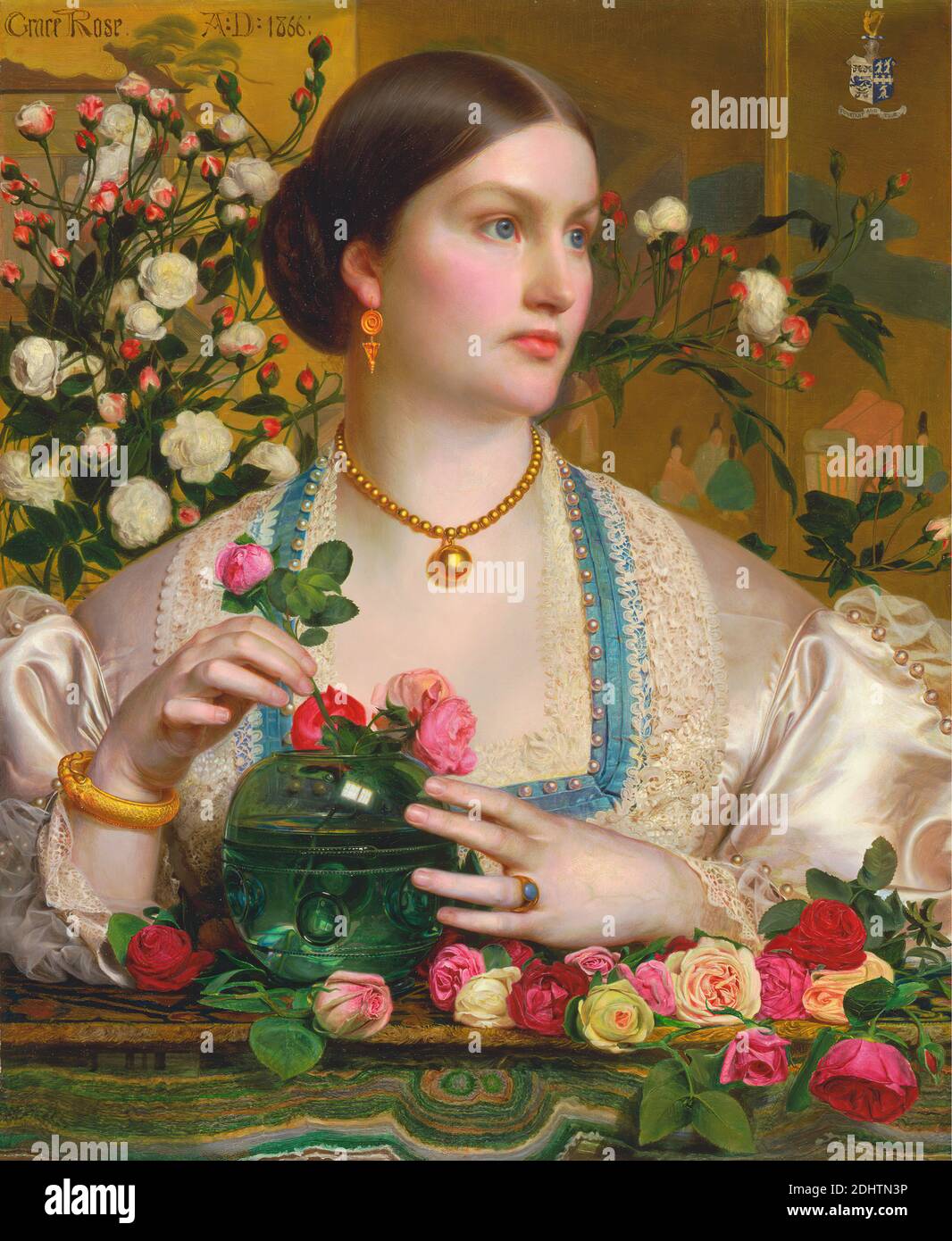 Grace Rose, Frederick Sandys, 1829–1904, British, 1866, Oil on panel, Support (PTG): 22 x 17 7/8 inches (55.9 x 45.4 cm), botany, bracelet, coat of arms, collar, costume, crest, decorative, earrings, figures, flowers (plants), Japanese, jewels, leaves, necklace, painting (visual work), pearls, portrait, ring, roses (plant), science, smooth, vase, Victorian, woman Stock Photo