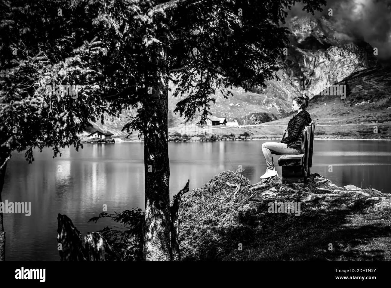 Wonderful spot for vacation in the Swiss Alps in black and white Stock ...