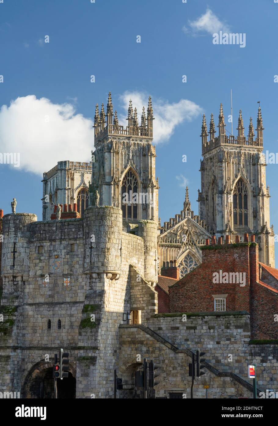 York Minster West Bell Towers and Bootham bar in St Leonards Place York city centre, England. Stock Photo