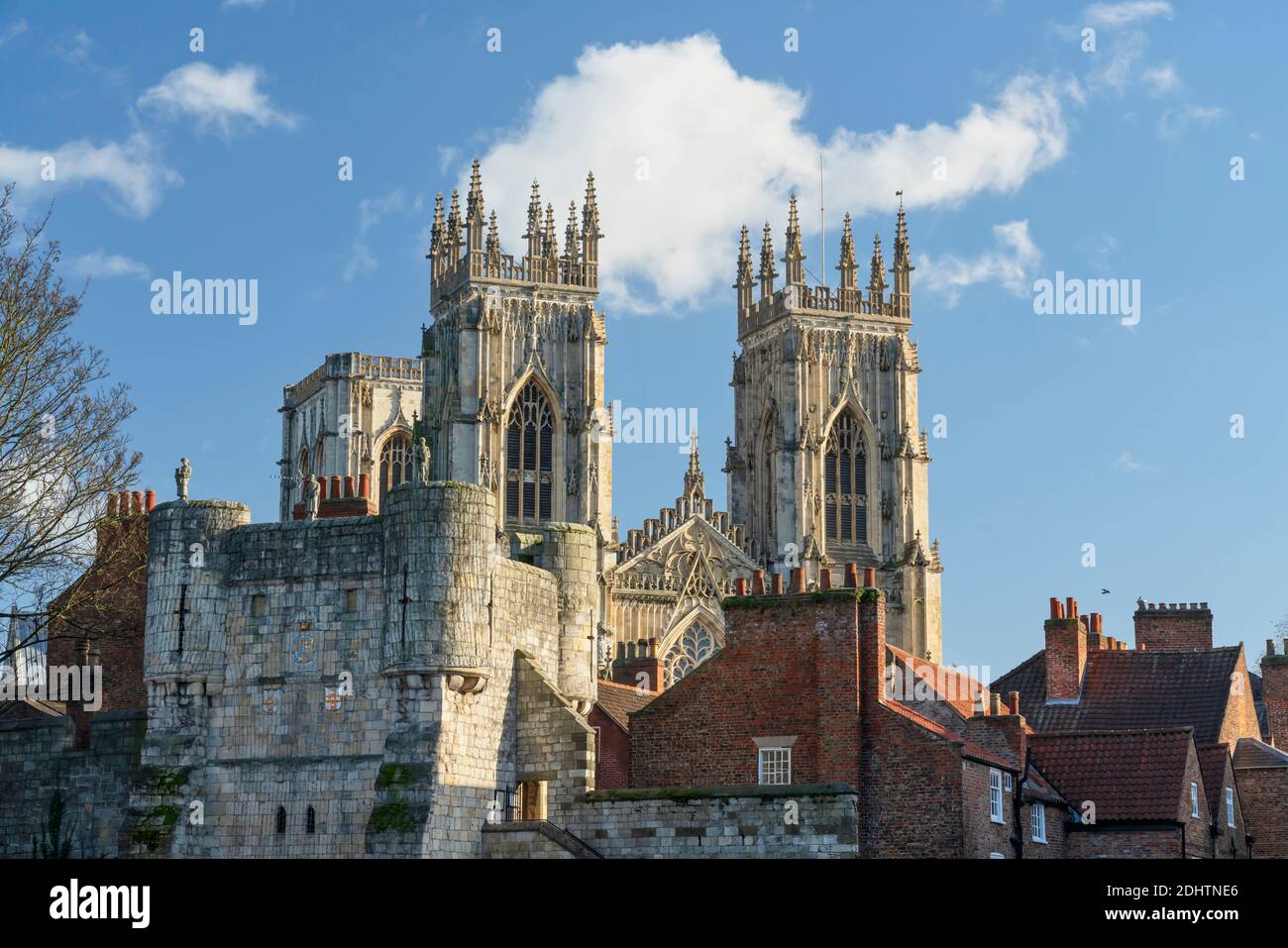 York Minster West Bell Towers and Bootham bar in St Leonards Place York city centre, England. Stock Photo