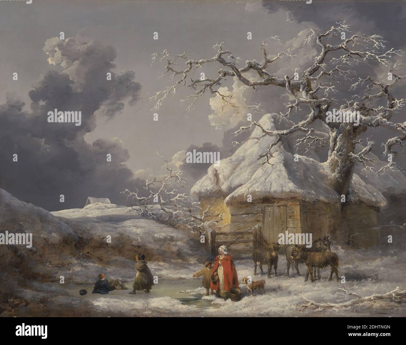 Winter Landscape with Figures, George Morland, 1763–1804, British, ca. 1785, Oil on canvas, Support (PTG): 28 1/2 x 36 1/2 inches (72.4 x 92.7 cm), animals, bonnet, cane, cape, child, clouds, cold, cottage, dog (animal), donkeys, family, farmhouses, frozen, games, hills, hounds (dogs), ice, landscape, men, outerwear, pond, redingote (overcoat), rural, shawl, shawls, sky, snow, top hat, trees, winter, woman, women Stock Photo