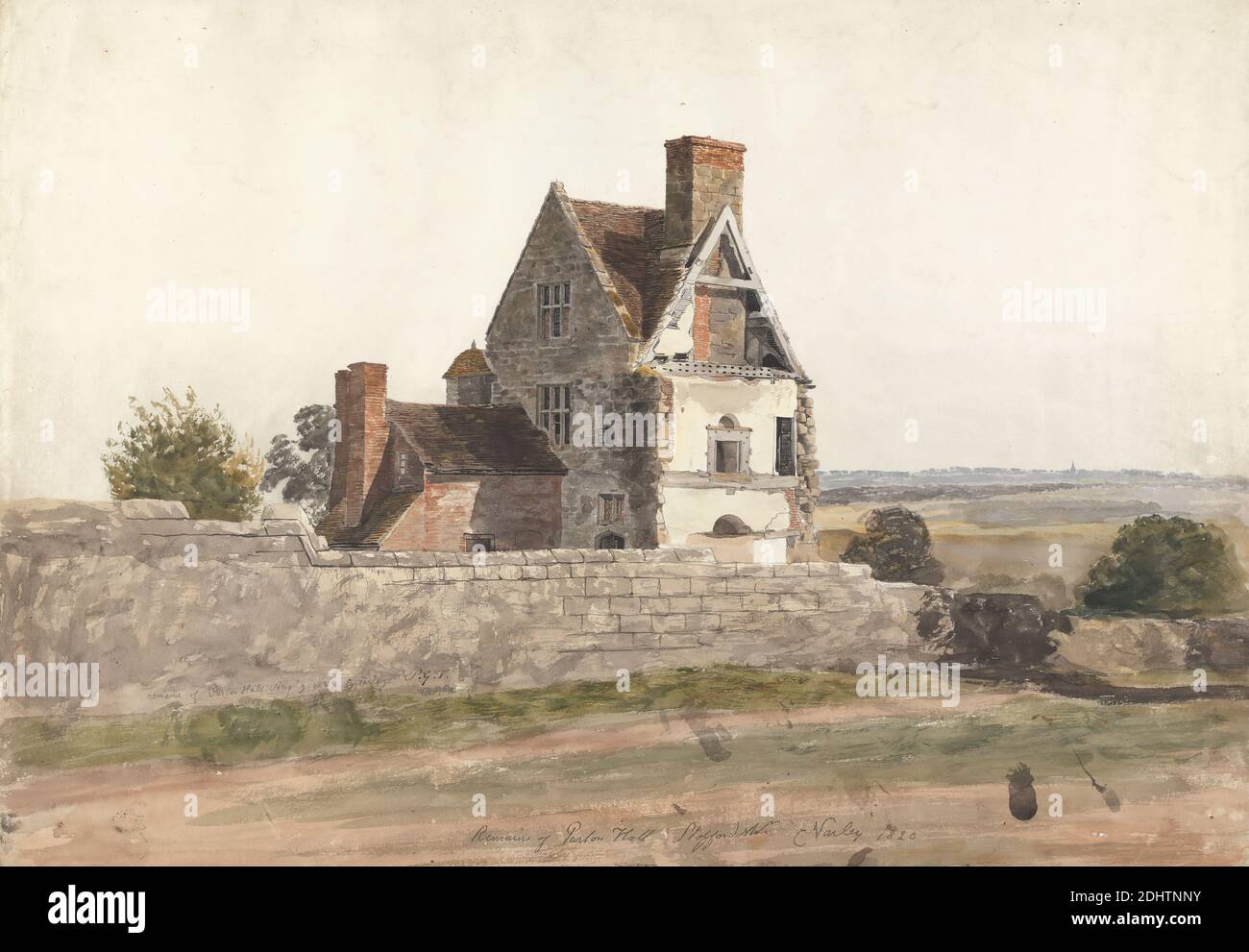 Remains of Purton Hall, Staffordshire, Cornelius Varley, 1781–1873, British, 1820, Watercolor, graphite, and black ink on medium, slightly textured, cream wove paper, Sheet: 14 7/8 × 21 3/8 inches (37.8 × 54.3 cm), architectural subject, chimneys, grass, road, ruins, trees, England, Europe, Staffordshire, United Kingdom Stock Photo