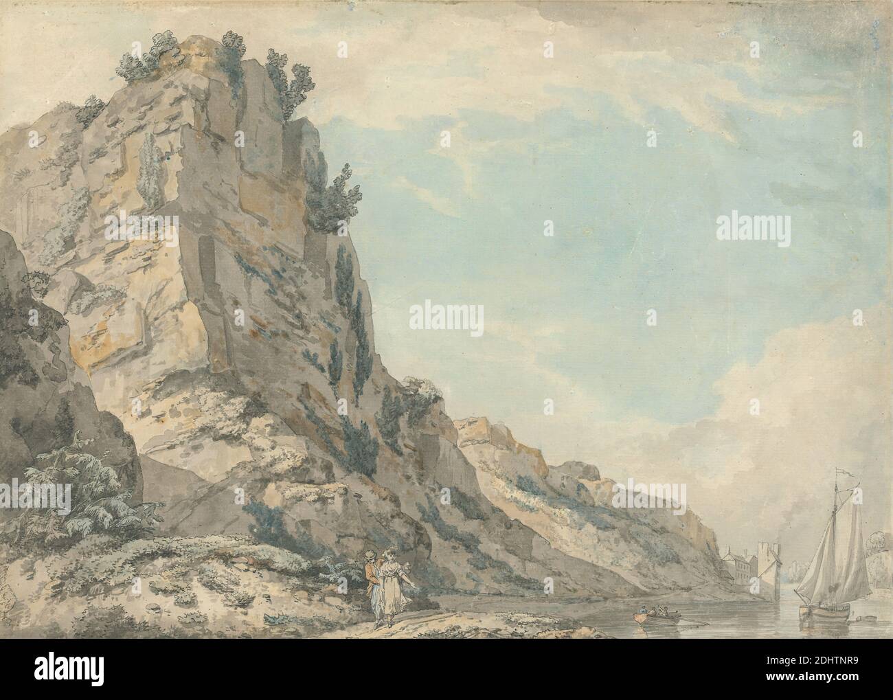 St. Vincent's Rock, Clifton, Bristol with Hotwell's Spring House in the Distance, Francis Wheatley, 1747–1801, British, undated, Watercolor with pen and black ink on medium, smooth, cream laid paper, Contemporary drawn border: 12 1/2 x 16 5/8 inches (31.8 x 42.2 cm) and Sheet: 10 3/4 x 14 7/8 inches (27.3 x 37.8 cm), apron, boats, bonnet, boots, cape, chimneys, coastline, coat, dress, flag, foliage, genre subject, hat, houses, mast, men, oars, rocks (landforms), sails, shoes, smoke, trousers, windows, woman, Bristol, Clifton, England, United Kingdom Stock Photo