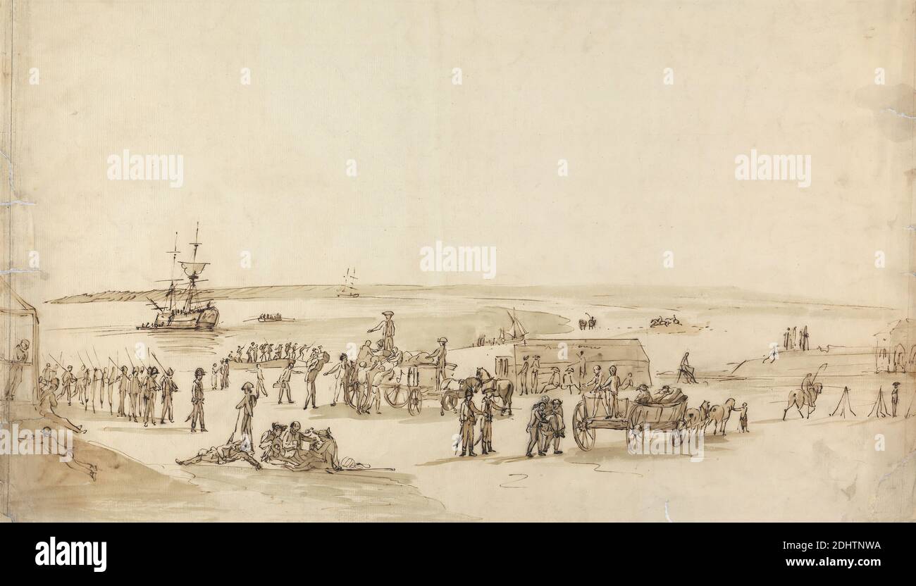 Troops Disembarking, Attributed to Dominic Serres RA, 1722–1793, French, active in Britain (from the 1750s), 1758-1793, Pen and brown ink and brown wash on Thin, moderately textured, cream laid paper, Sheet: 13 1/4 × 20 7/8 inches (33.7 × 53 cm), carts, Equus caballus (species), ships, shores (landforms), soldiers, troops Stock Photo