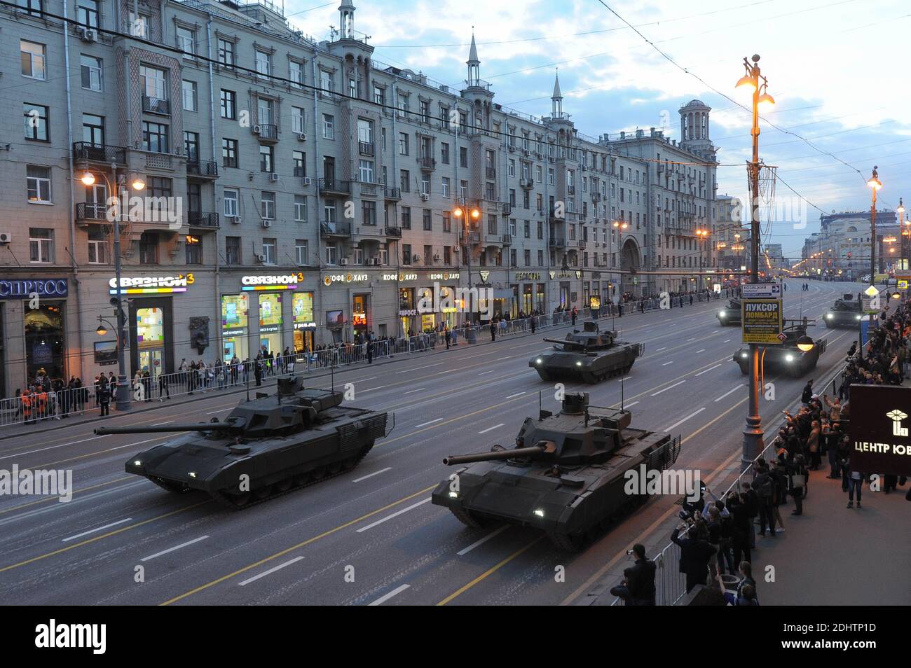 T-14 Armata tanks are seen at the central street.Military equipment on Tverskaya Street before moving towards Red Square for a rehearsal for the Victory Day parade in central Moscow. Stock Photo