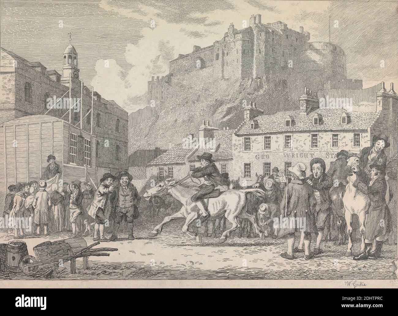 Edinburgh Castle and Horse Fair, Walter Geikie, 1795–1837, British, undated, Etching on moderately thick, slightly textured, beige wove paper, Sheet: 6 x 8 1/4 inches (15.2 x 21 cm) and Image: 5 11/16 x 8 1/16 inches (14.4 x 20.5 cm), architectural subject, barrels (containers), buildings, buying, castle, examining, genre subject, hats, horses (animals), markets, men, merchants, purchasing, rearing (horse), riding, selling, square, wheelbarrow, Edinburgh, Edinburgh castle, Europe, Scotland, United Kingdom Stock Photo
