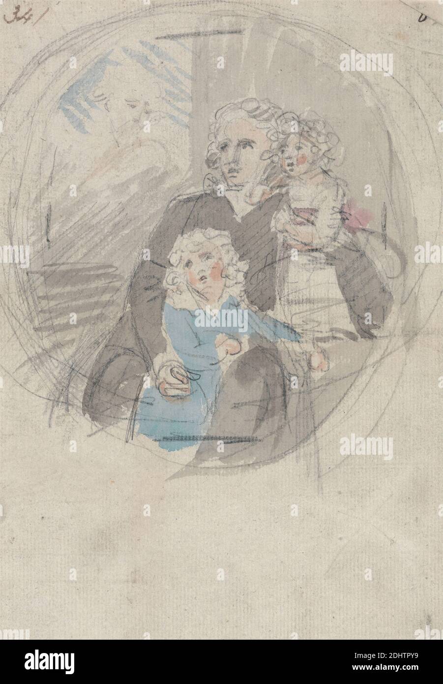 Study for a Portrait Group, Samuel Shelley, 1750–1808, British, undated, Watercolor and graphite on medium, moderately textured, blued white laid paper, Sheet: 7 1/2 × 5 1/4 inches (19.1 × 13.3 cm), children, family, father, figure study, genre subject Stock Photo