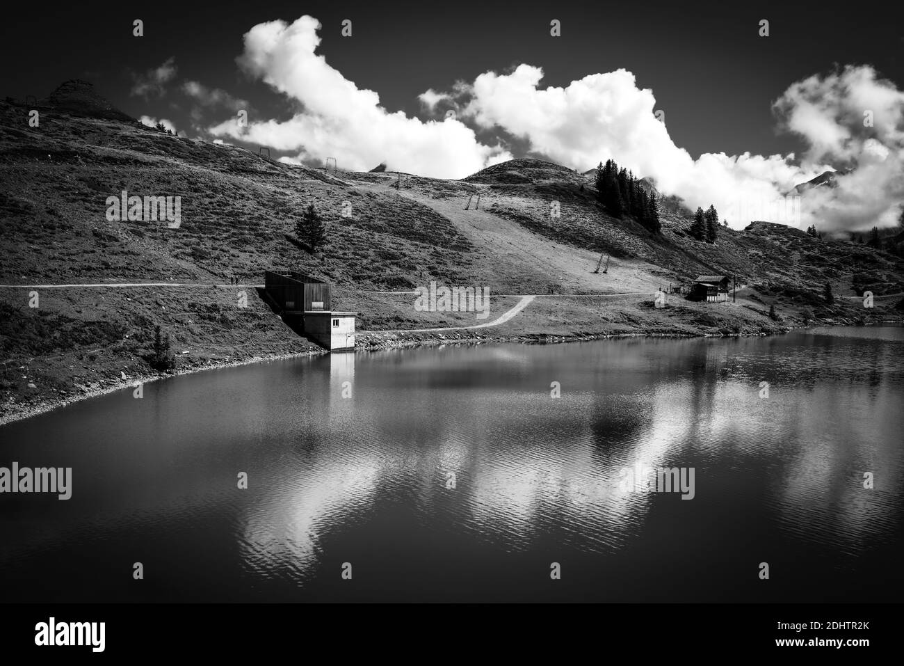 Wonderful spot for vacation in the Swiss Alps in black and white Stock ...
