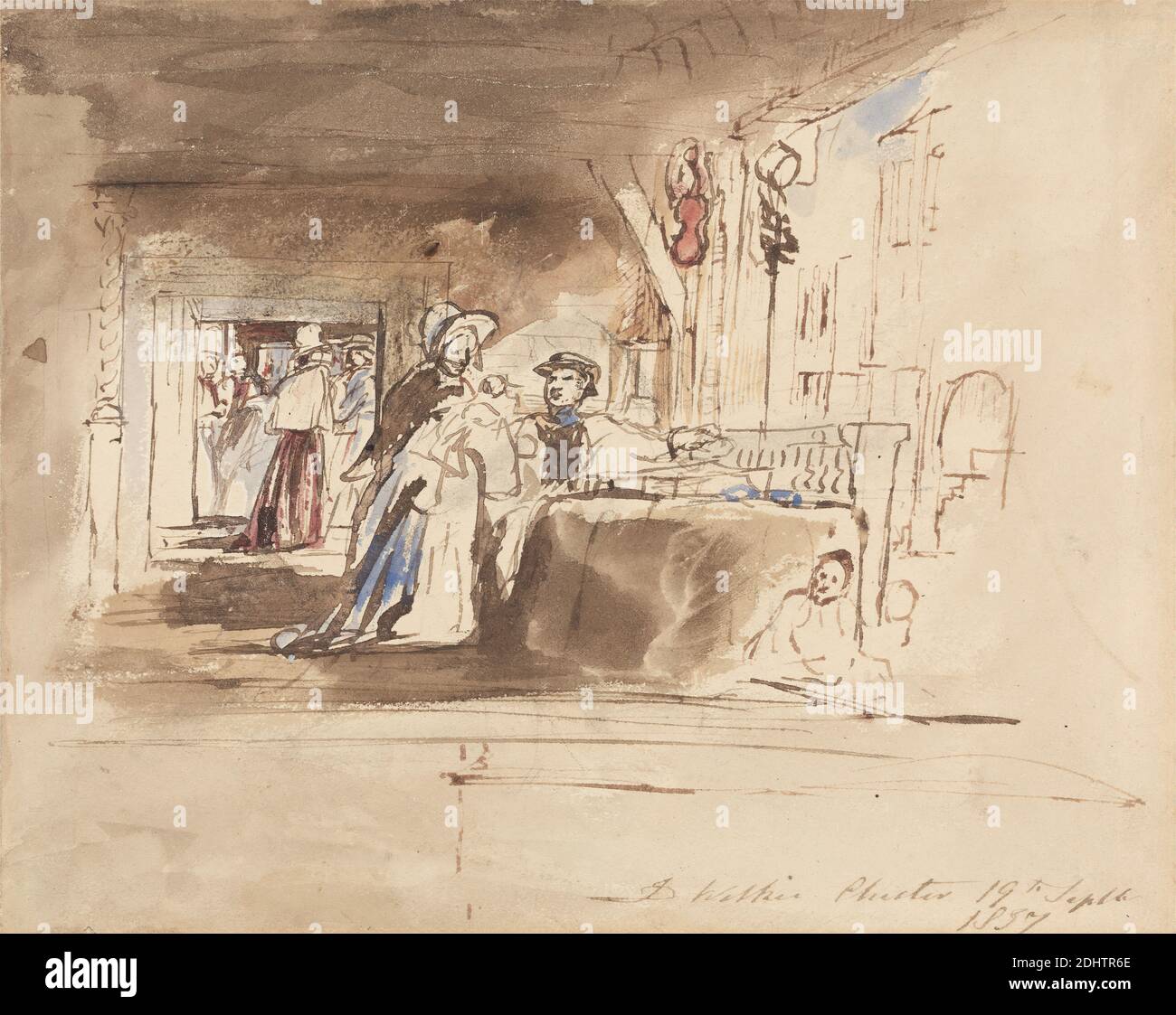 Shopping in the Rows, Chester, Sir David Wilkie, 1785–1841, British, 1837, Watercolor with brown wash and brown ink over graphite on medium, slightly textured, cream wove paper, mounted on thick, slightly textured, beige card, Mount: 7 1/2 x 9 3/8 inches (19.1 x 23.8 cm) and Sheet: 7 × 8 3/4 inches (17.8 × 22.3 cm), figures, genre subject, market (event), men, merchants, shopping, shops, tables, vendors, violin, walkways, women, Cheshire, Chester, Chester Rows, England, United Kingdom Stock Photo