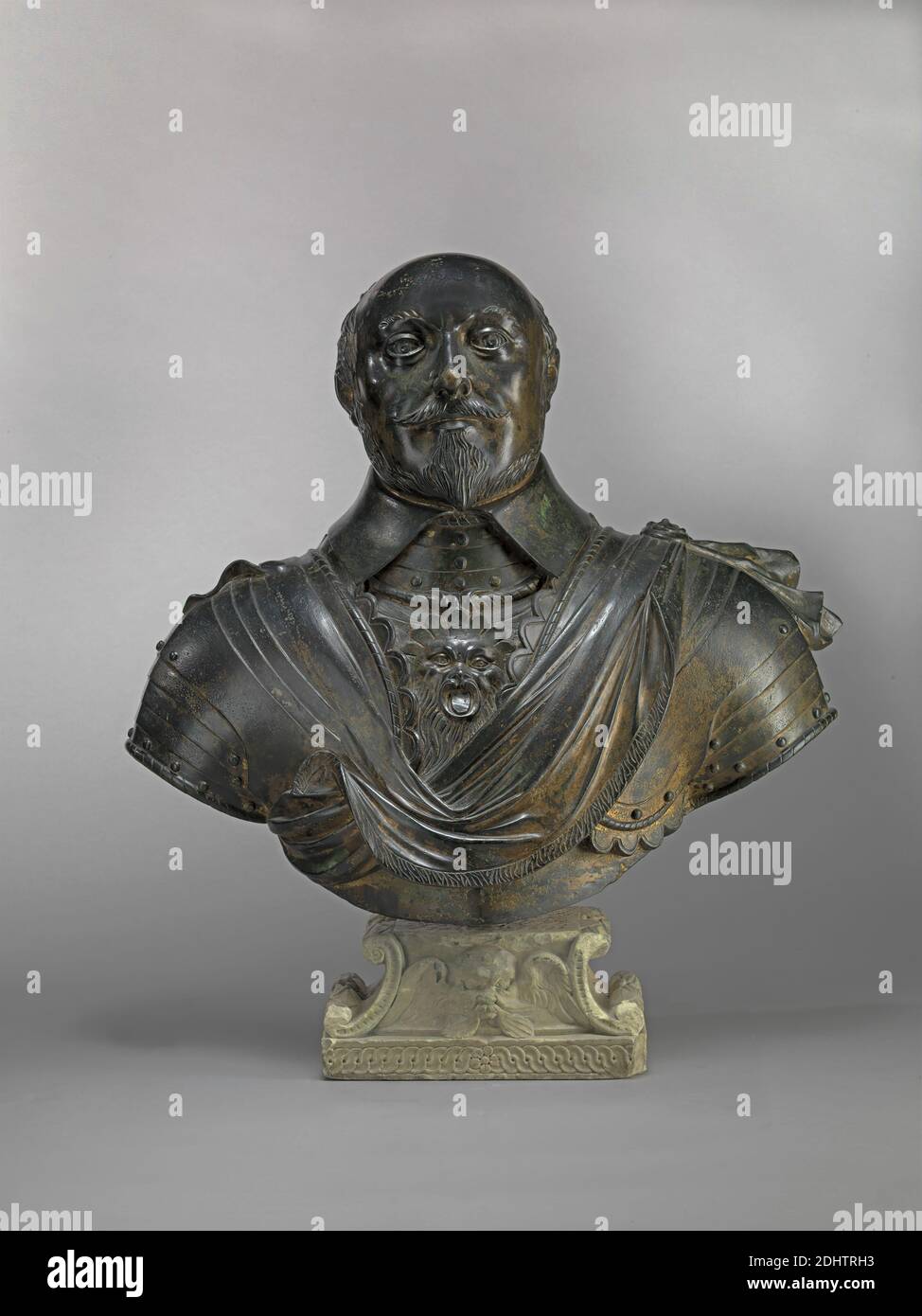 Bust of a Man, unknown artist, after Hubert Le Sueur, 1610–1651, French, active in Britain (1626–41), Formerly Hubert Le Sueur, 1610–1651, French, active in Britain (1626–41), ca. 1640 or mid-19th century, Bronze, with traces of gilding (on marble base), Overall: 27 1/2 x 24 x 12 inches (69.9 x 61 x 30.5 cm), armor, bald, man, portrait Stock Photo