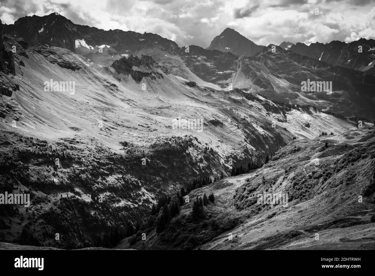Wonderful spot for vacation in the Swiss Alps in black and white Stock ...