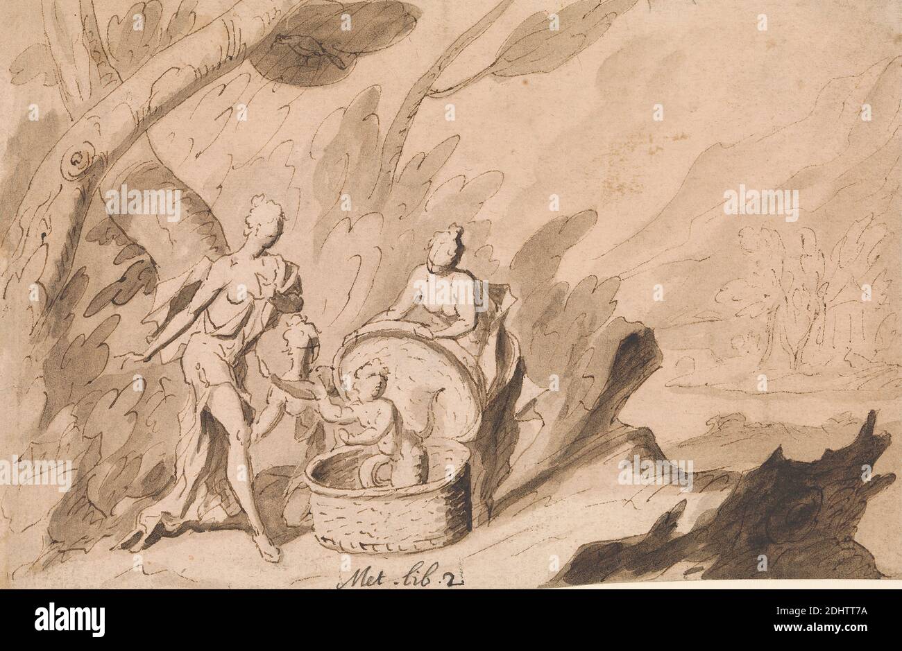 The Daughters of Cecrops discover Ericthonius: Ovid, Metamorphoses, Book 2, Thomas Carwitham, active 1723, British, 1723, Pen, ink and brown wash on medium, slightly textured, white wove paper, Sheet: 5 × 7 1/2 inches (12.7 × 19.1 cm), basket, crow (animal), Erichthonius, hidden in a basket, is handed over by Minerva to Aglauros and her sisters (Cecrops' daughters) to be taken care of, figures, forest, literary theme, Ovid's Metamorphoses, religious and mythological subject Stock Photo