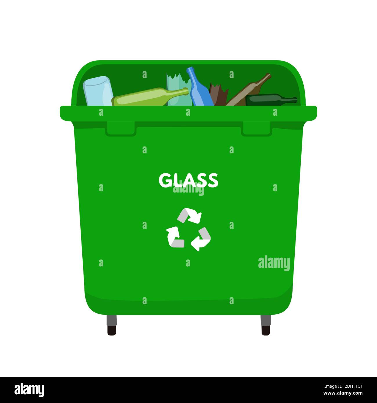 Waste sorting set vector illustration. Green dumpster for glass, recycling bottle package Stock Vector