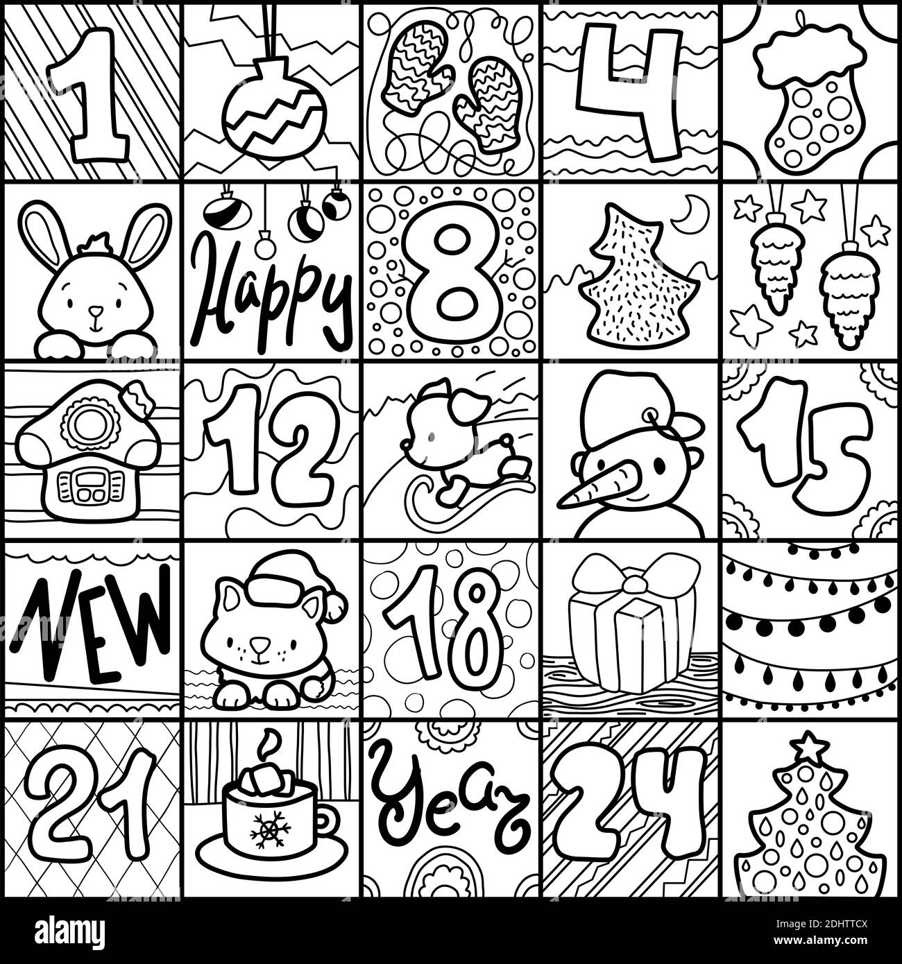 Christmas advent calendar for coloring, black and white doodle vector