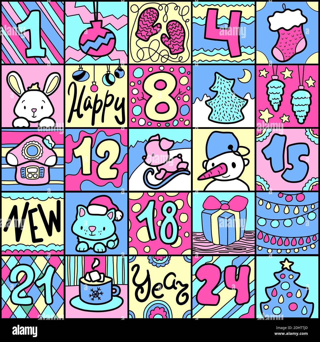 Cute doodle advent calendar with funny animals, square format for 25 days. Pink violet advent calendar for kids. Square calendar with New Year decor. Stock Vector