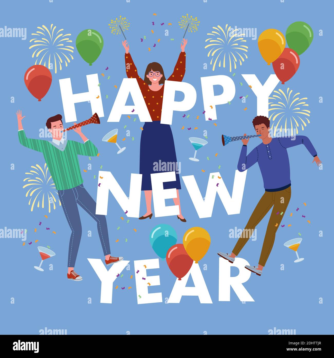 A group of young people celebrating new year together with fireworks