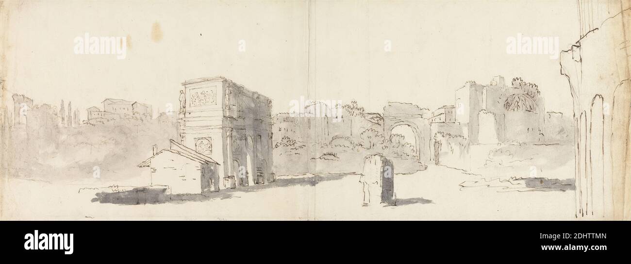 Rome, A View of the Arch of Constantine with Other Ruins, James Barry, 1741–1806, Irish, undated, Pen and brown ink, gray wash, and graphite on medium, slightly textured, cream laid paper, Sheet: 6 × 16 3/4 inches (15.2 × 42.5 cm), arches, architectural subject, architecture, cityscape, colosseums, forums, Grand Tour, landscape, landscape, ruins, stones, trees, Italy, Rome Stock Photo