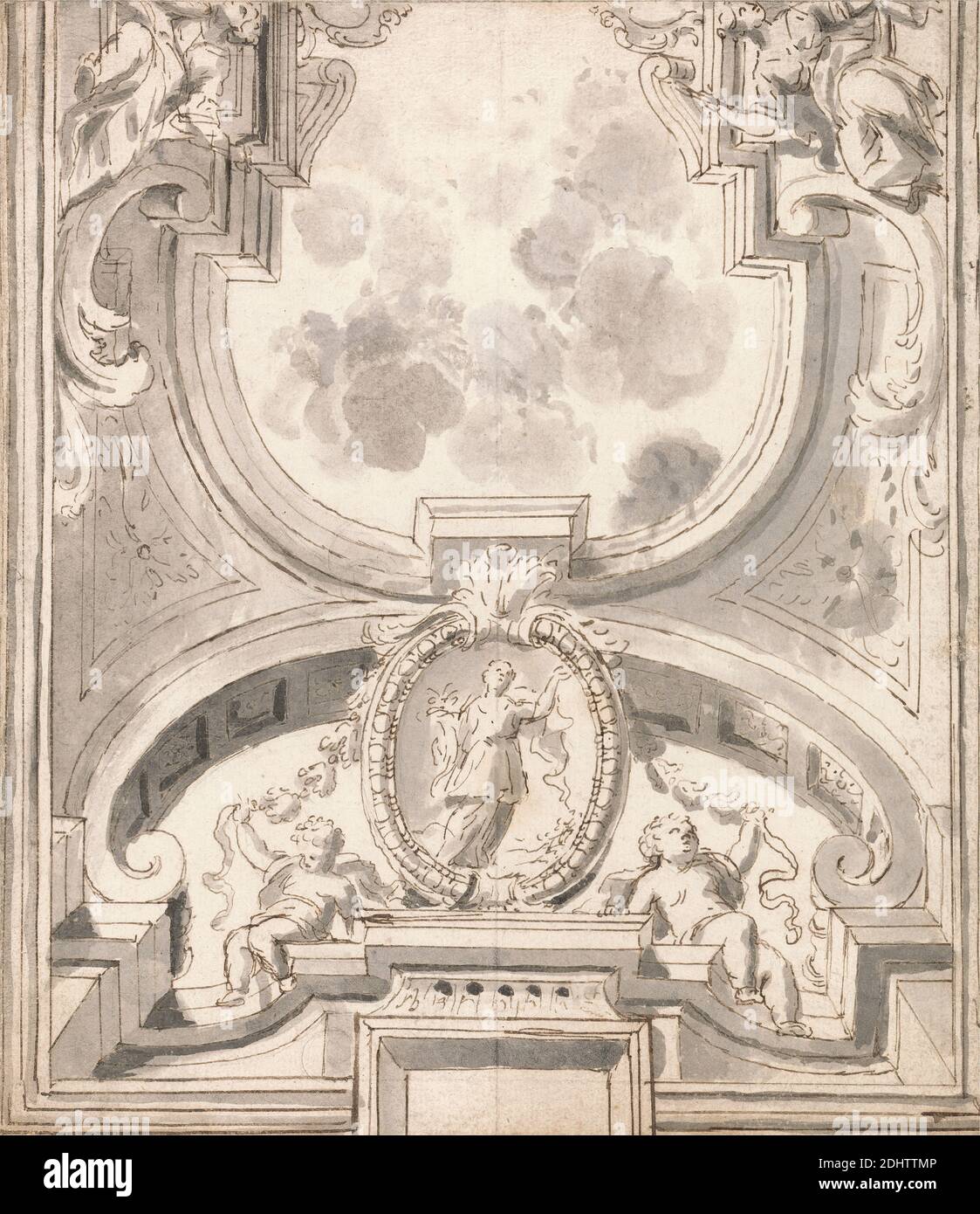 Design for Ceiling Decoration, Attributed to Thomas Carwitham, active 1723, British, undated, Graphite, gray wash, and pen and brown ink on medium, moderately textured, cream wove paper, Sheet: 9 3/4 x 8 1/2 inches (24.8 x 21.6 cm), ceilings, garlands, putti, women Stock Photo