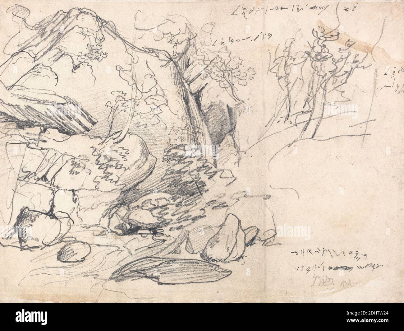 Study of a Mountain with Trees, James Ward, 1769–1859, British, undated, Graphite on medium, slightly textured, cream wove paper, Sheet: 11 x 14 7/8 inches (27.9 x 37.8 cm), landscape, mountain, streams, study (visual work), trees Stock Photo