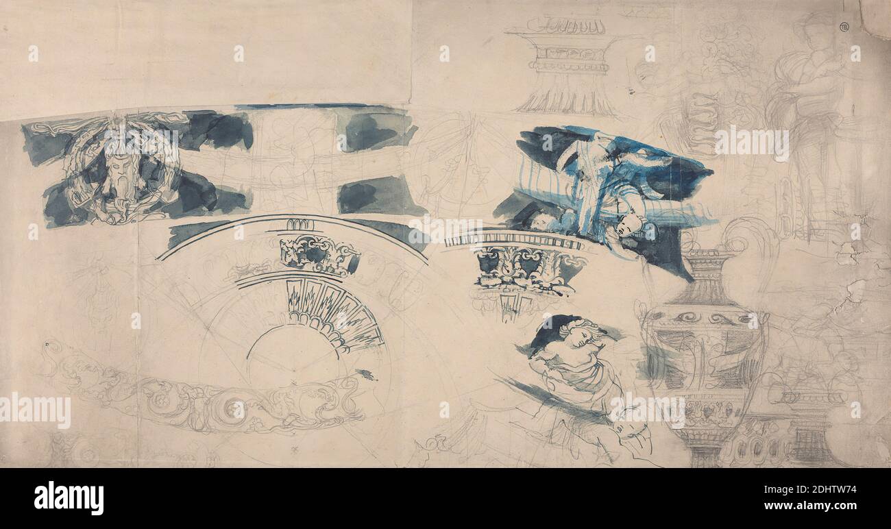 Designs for a Ceiling and Interiors, Alfred Stevens, 1817–1875, British, undated, Graphite and blue watercolor on slightly textured, medium, white wove paper laid on wove paper, Sheet: 12 3/16 × 23 1/8 inches (31 × 58.7 cm), architectural subject Stock Photo
