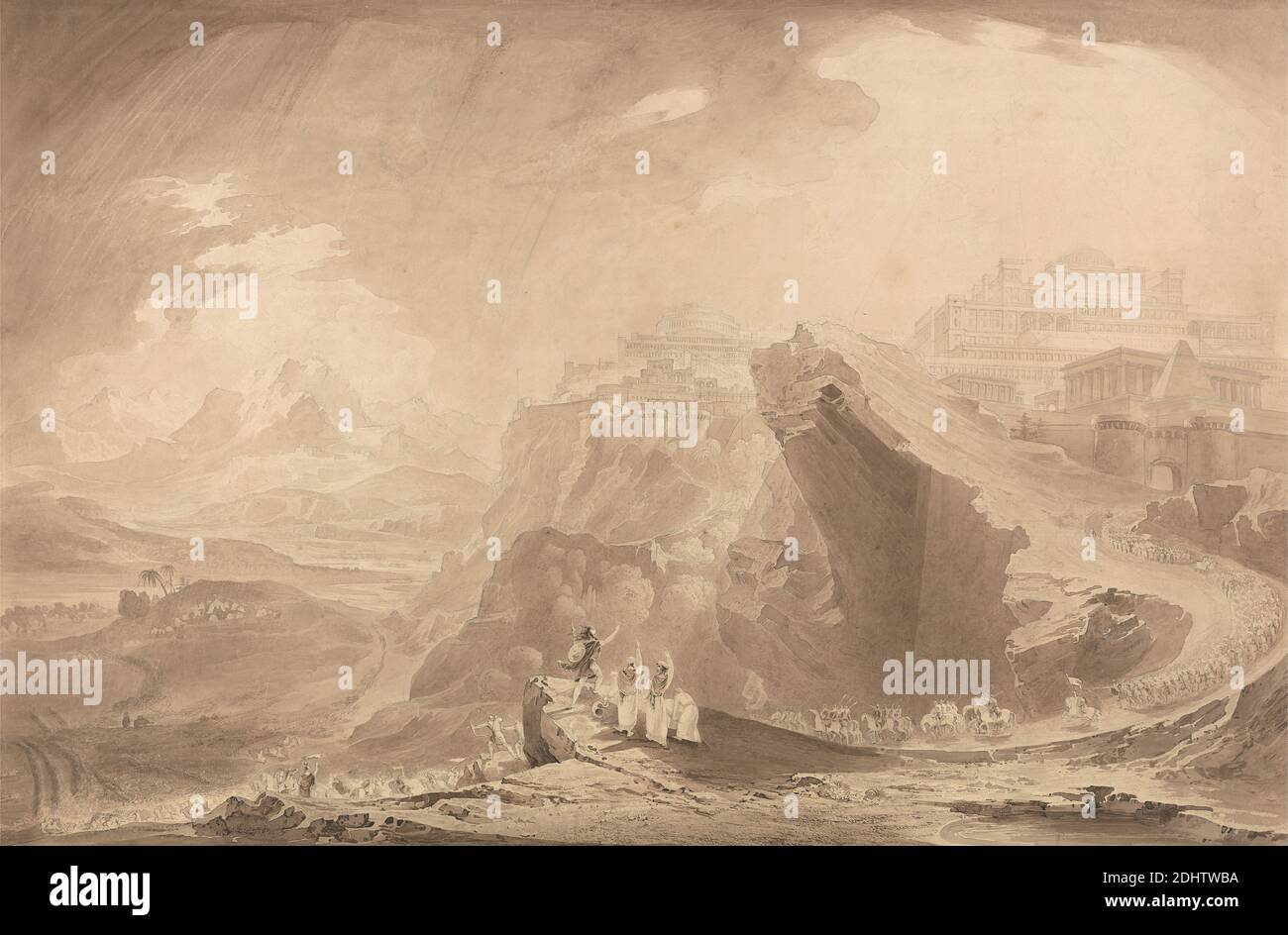 Joshua Commanding the Sun to Stand Still, John Martin, 1789–1854, British, 1818, Graphite, brown wash, scratching out and graphite on medium, slightly textured, cream wove paper, Sheet: 16 × 24 1/8 inches (40.6 × 61.3 cm), army, by night Joshua and his army come to the rescue of Gibeon, clouds, landscape, night, pyramid (tomb), religious and mythological subject, sun, Al-Jib, Israel Stock Photo