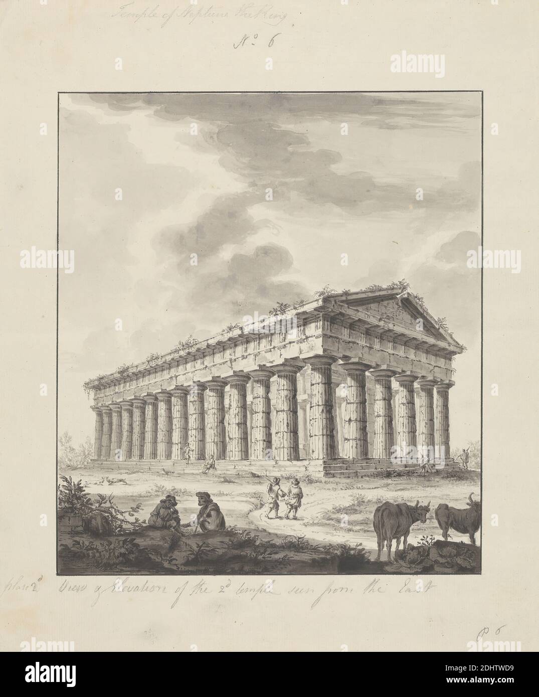 No. 6 Temple of Neptune the King, View and Elevation of the 2nd temple - seen from the east, James Bruce, 1730–1794, British, undated, Pen and black ink with gray wash over graphite on medium, slightly textured, cream laid paper, Sheet: 14 15/16 x 11 5/8 inches (37.9 x 29.5 cm), architectural subject, cattle, Classical, columns (architectural elements), Doric order, figures (representations), pediments, ruins, temples, Paestum Stock Photo