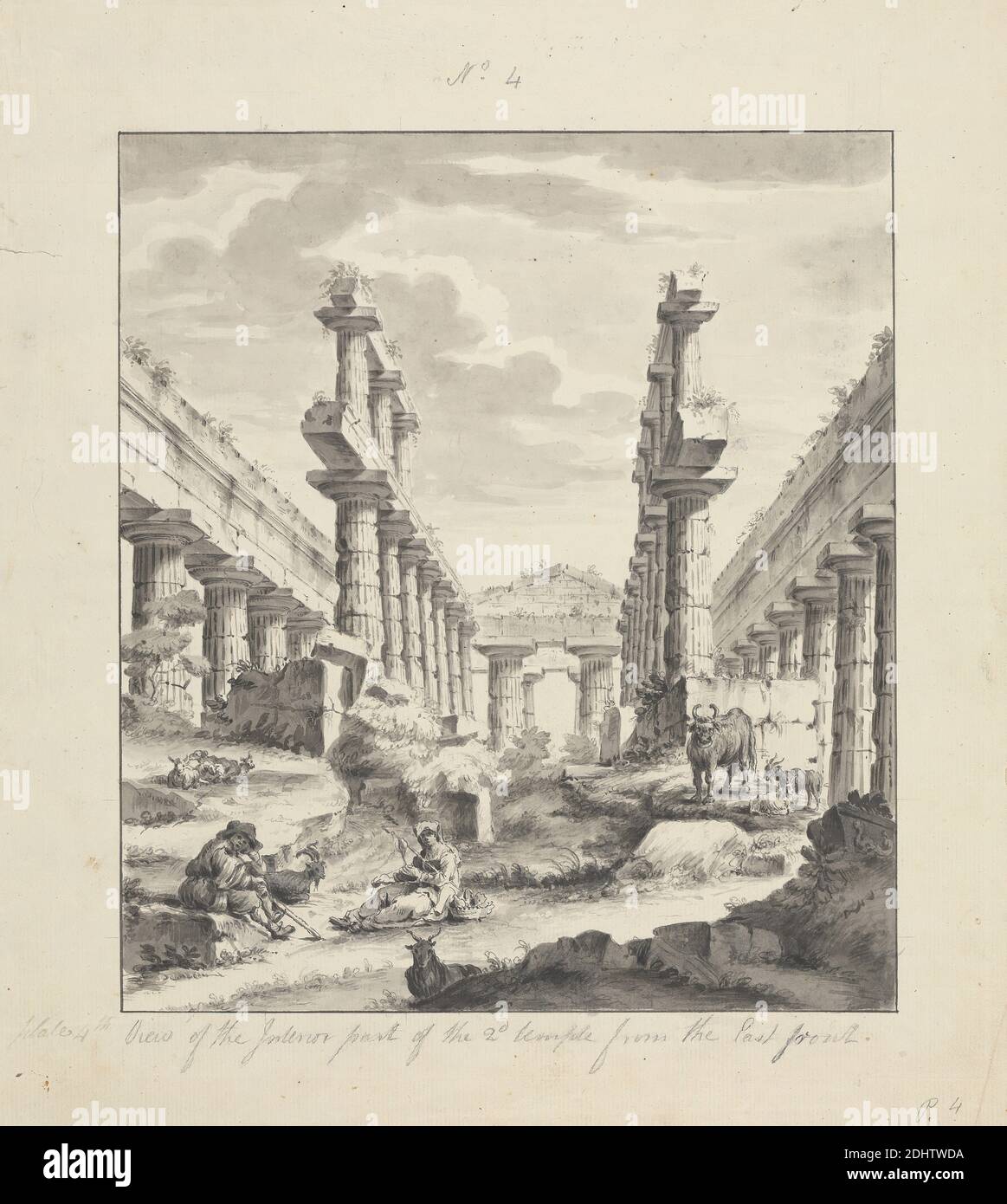 Paestum: No. 4 View of the Interior part of the 2nd temple from the east front, James Bruce, 1730–1794, British, undated, Gray wash over graphite on meidum, slightly textured, cream laid paper, Sheet: 13 1/2 x 11 7/8 inches (34.3 x 30.2 cm), animals, architectural subject, cattle, Classical, columns (architectural elements), Doric order, figures (representations), goats, interior, ruins, temples, Paestum Stock Photo