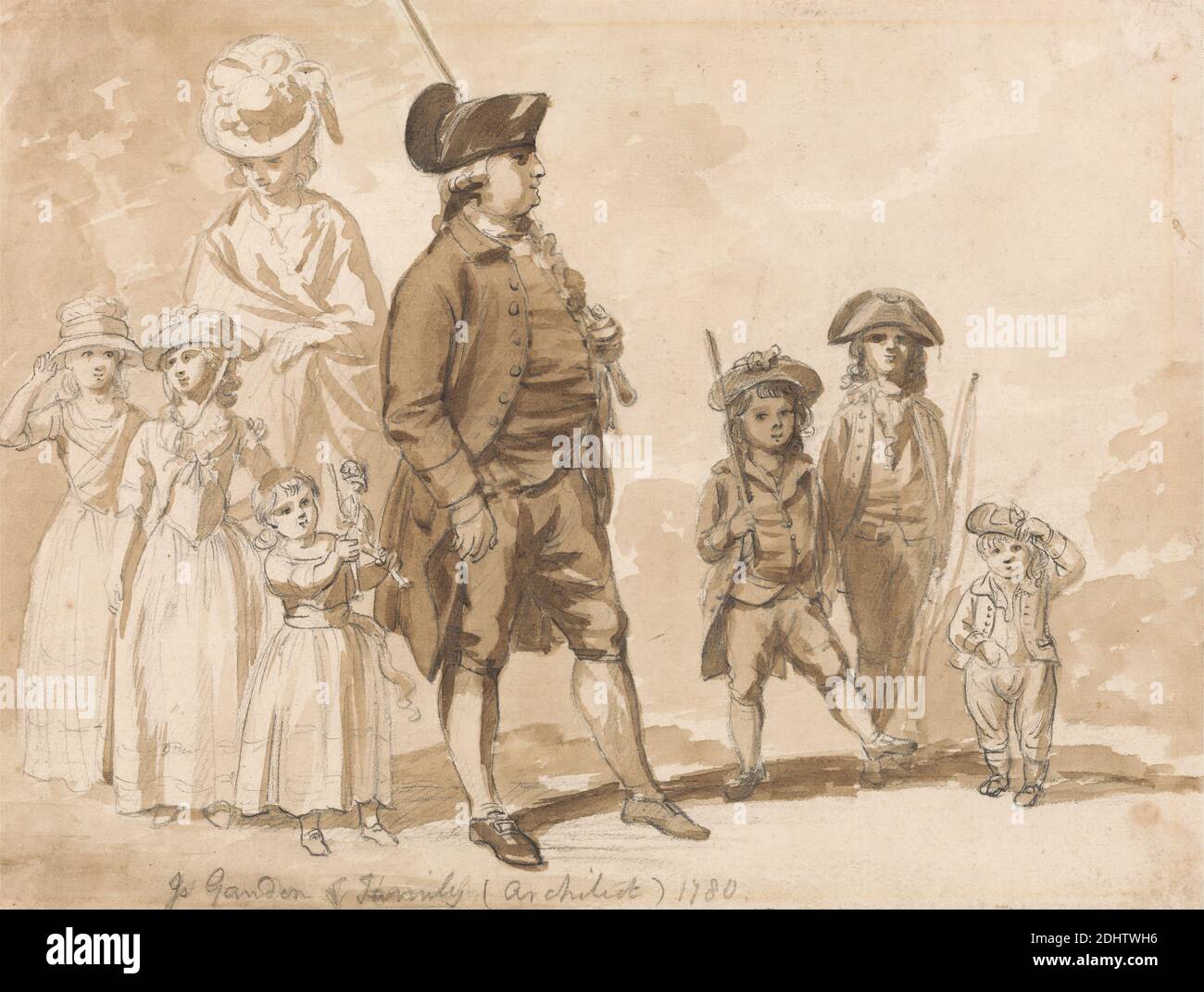 James Gandon and Family, Paul Sandby RA, 1731–1809, British, 1780, Brown wash, graphite, and pen and brown ink on medium, cream, slightly textured wove paper, Sheet: 5 3/4 x 7 5/8 inches (14.6 x 19.4 cm), architect, brothers, children, daughters, doll, dolls, family, father, hats, leisure, mother, portrait, siblings, sisters, soldiers, sons, toys Stock Photo