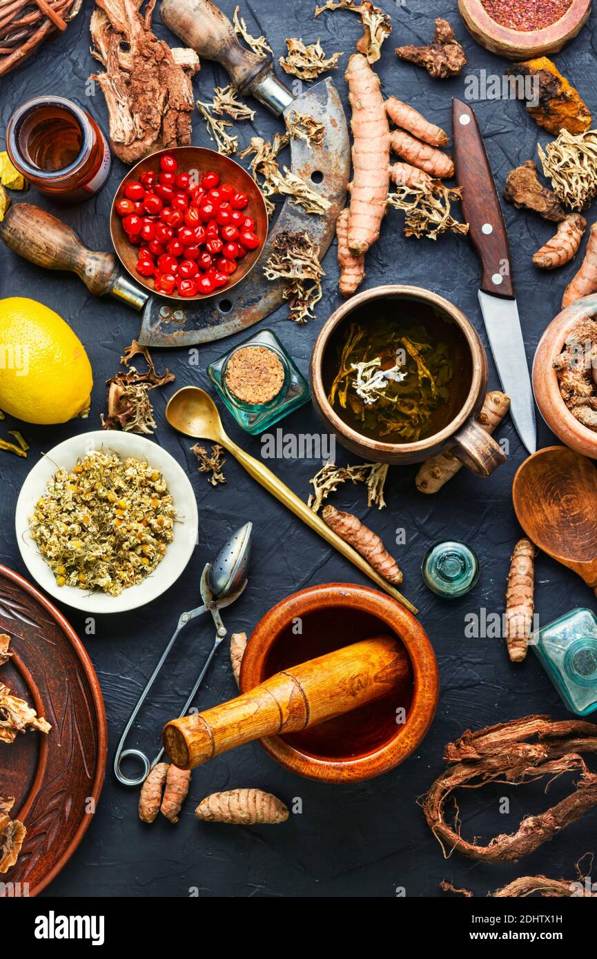 Herbal tea from medicinal herbs.Medicinal plants and roots in herbal