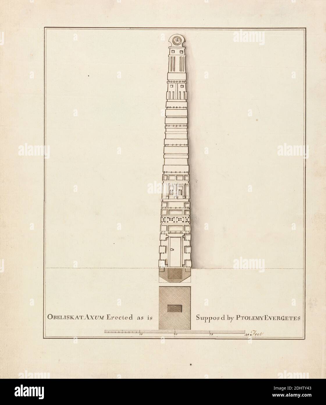 Plan and Section of the Mikeas or Kiosc with the Pillar Where on Is Measured the Daily Increase of the Nile During Inundation, James Bruce, 1730–1794, British, undated, Pen and brown ink, gray wash, and brown wash on moderately thick, moderately textured, cream laid paper, Sheet: 12 1/8 × 9 1/2 inches (30.8 × 24.1 cm), architectural subject Stock Photo