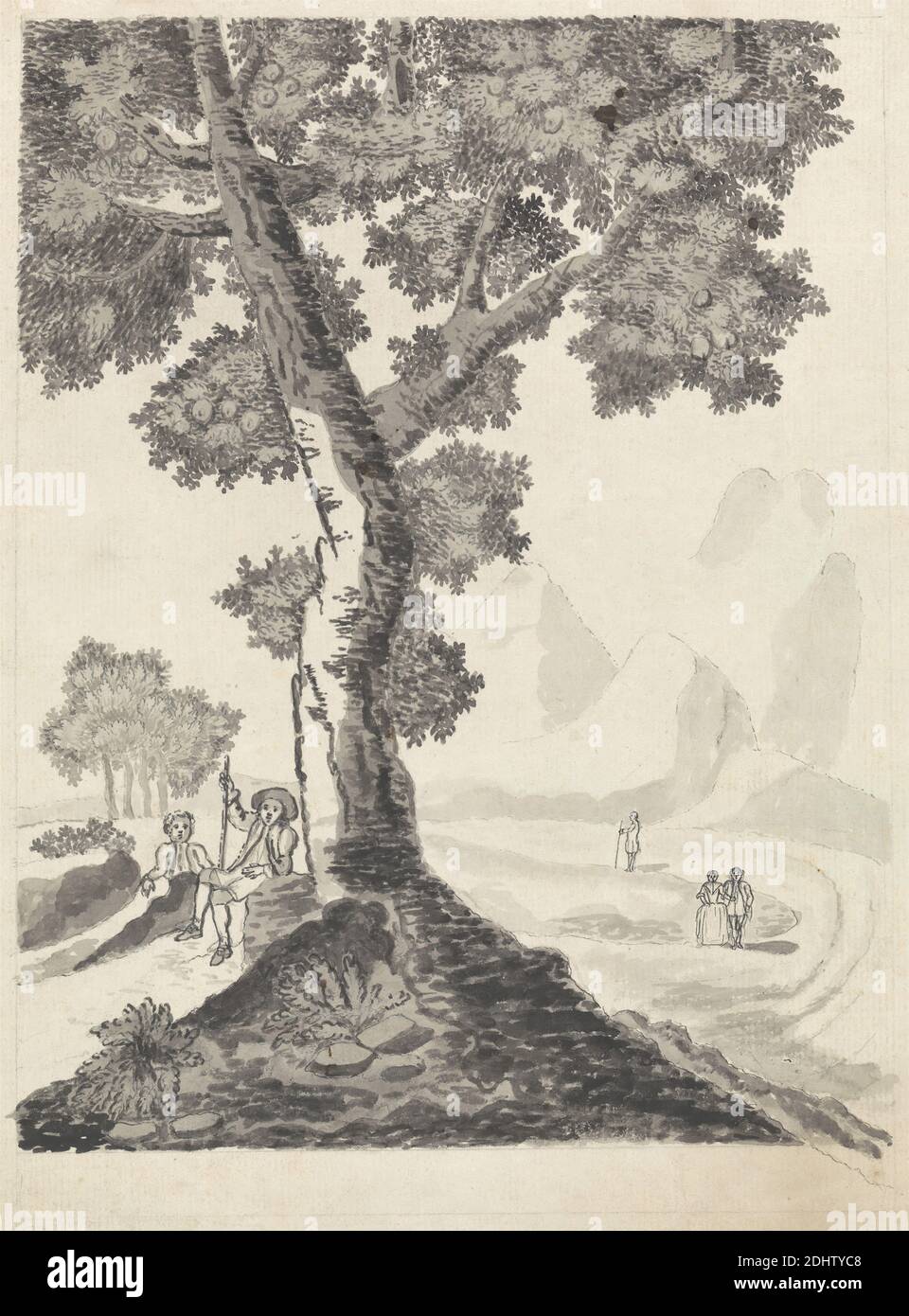 Six Men Talking, James Bruce, 1730–1794, British, undated, Pen and brown ink and gray wash on medium, slightly textured, beige laid paper, Sheet: 7 5/8 × 9 5/8 inches (19.4 × 24.4 cm Stock Photo