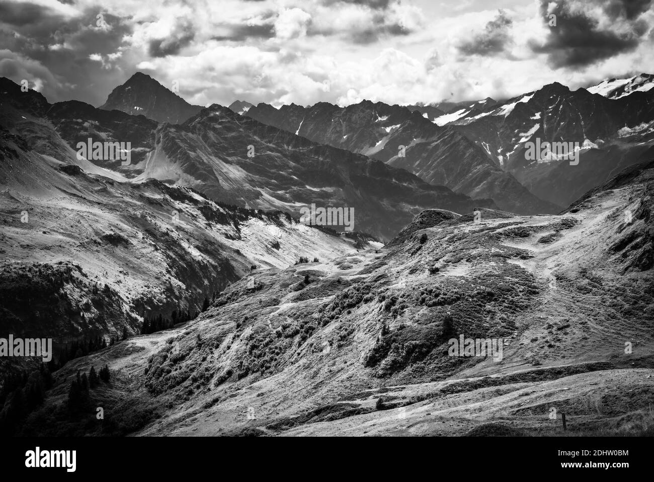 Wonderful spot for vacation in the Swiss Alps in black and white Stock ...