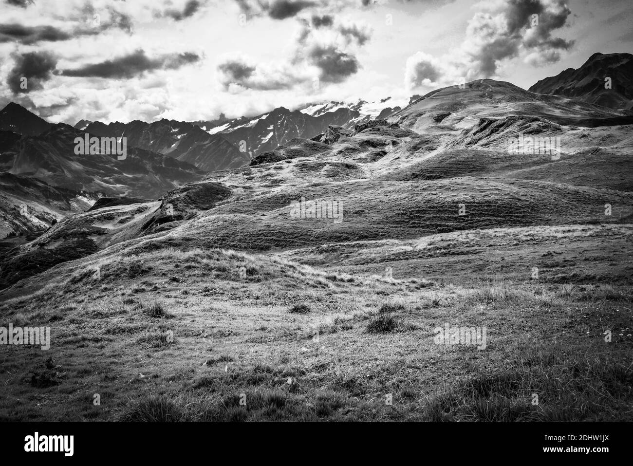 Amazing nature of Switzerland in the Swiss Alps in black and white Stock Photo